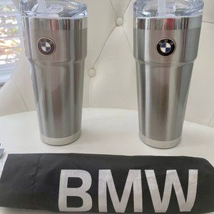 LOT of (2) Genuine BMW Roundel Travel Mugs - 24 oz. and umbrella
